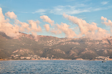 Mountains with clouds on the shores of the Adriatic Sea in Montenegro.