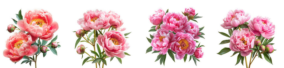 Four beautiful pink peony flower arrangements in different stages of bloom on transparent background high quality