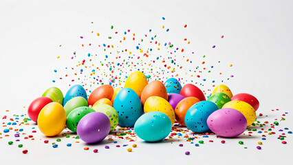 Bunte Ostereier mit fliegendem Konfetti in einer fr&ouml;hlichen Komposition