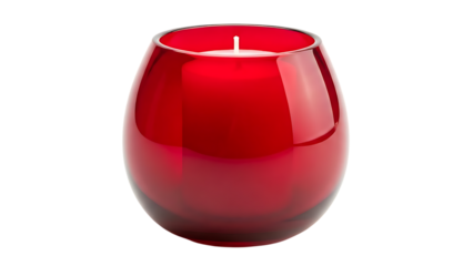 Red glass candle holder with lit candle