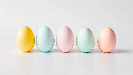 F&uuml;nf pastellfarbene Ostereier in einer minimalistischen Reihe auf wei&szlig;em Hintergrund
