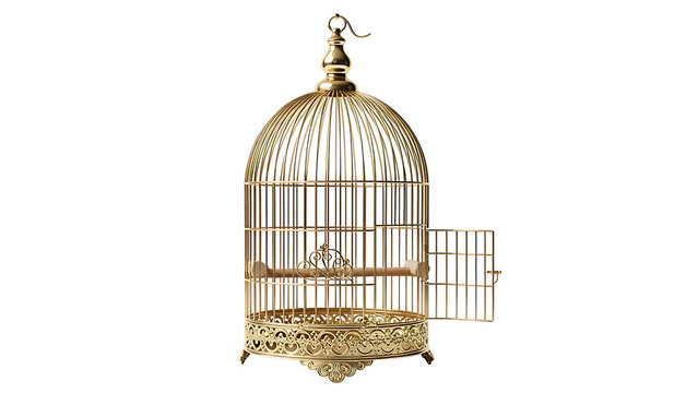 Golden birdcage with intricate design and open door