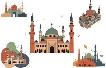 Hand Drawn Flat Vector fashion Mosque Silhouette Illustration