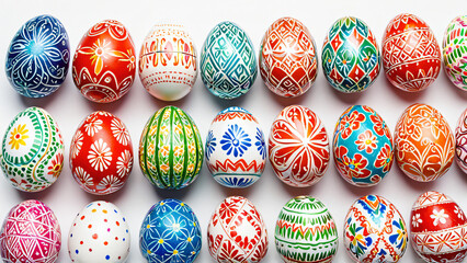 Reihe von traditionell verzierten Ostereiern mit kunstvollen Mustern auf wei&szlig;em Grund
