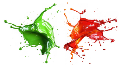 Dynamic splashes of vibrant green and red paint colliding mid air creating a chaotic and artistic effect on transparent background