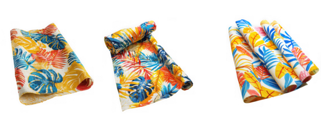 Three vibrant tropical floral patterned rolled fabrics displayed at varying angles on transparent background high quality