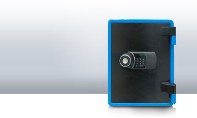 front view blue and black steel save box on white floor, grey wall background, object, furniture, money, electric, copy space