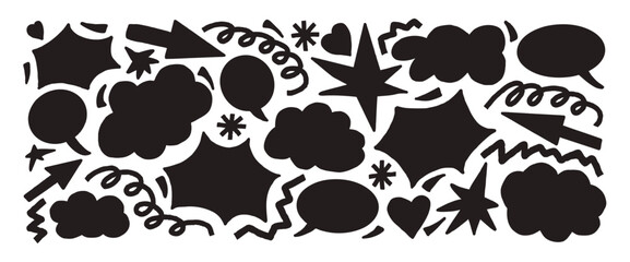 Fototapeta premium Speech bubbles, clouds, bang silhouettes paper cutouts background. Freeform black doodle figures set.Arrow,, stars, cloud, dialogue text box, heart scribbles. Vector abstract geometric illustration.
