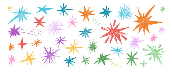 Colorful hand drawn comet, firework, stars. Crayon twinkles spark set. Scribble magic stardust collection. Christmas childish blue, purple shine decoration. Vector asterisk elements no background. © Syuzann q