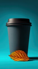 Dark gray eco coffee cup with autumn leaf on teal background