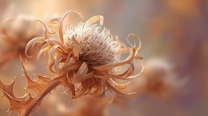 Dried thistle flower with spiky leaves and soft bokeh background