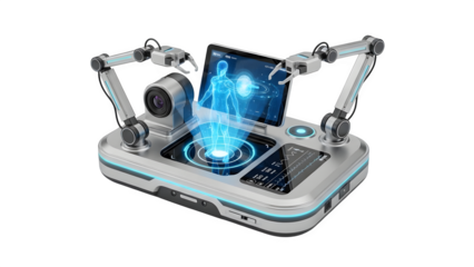 Advanced robotic medical device with holographic display isolated on transparent background