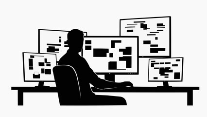 Professional programmer working on multiple computer screens in office