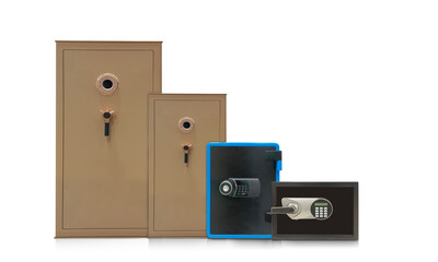 front view four steel Safes of many sizes and sizes on white background, object, furniture, money, electric, copy space
