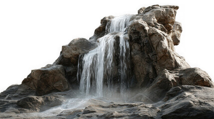 A realistic depiction of a rocky waterfall cascading down a stone formation on transparent background