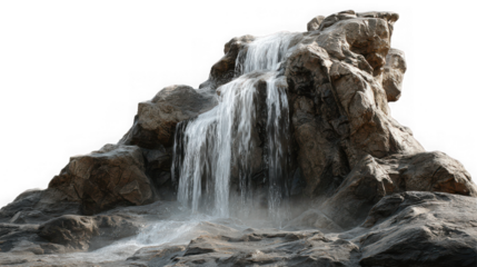 A realistic depiction of a rocky waterfall cascading down a stone formation on transparent background