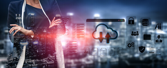 Cloud upload and download icon with surrounding data management, security, and analytics icons in digital interface Parse