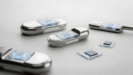 Futuristic smart medical capsules with embedded microchips and glowing circuits
