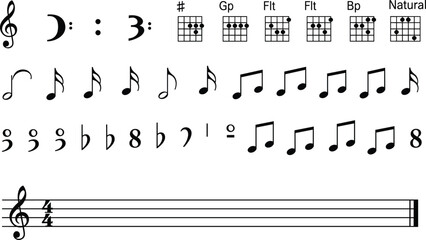 Musical notation set featuring treble clef, guitar chord charts, eighth notes, quarter notes, sharp symbols, flat symbols, and staff lines.