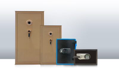 front view four steel Safes of many sizes on white floor and grey wall background, object, furniture, money, electric, copy space