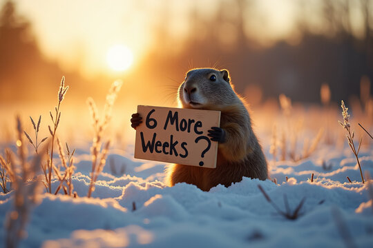 Groundhog holds "6 More Weeks?" sign in snow with copy space