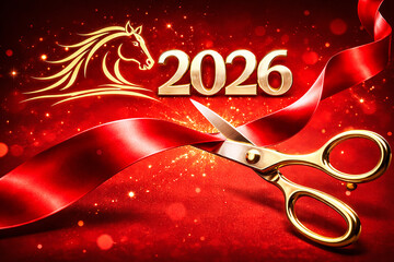 Ribbon cutting ceremony with 2026 horse graphic concept