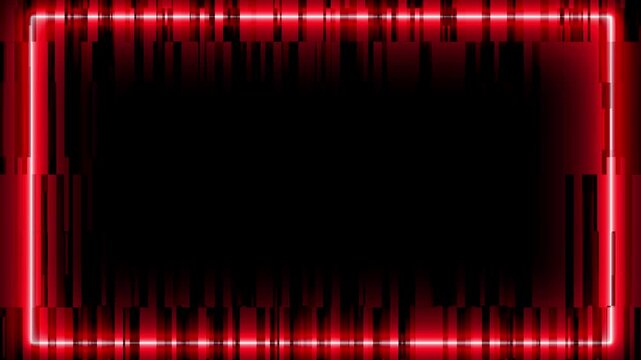Abstract red neon glowing rectangular frame with digital glitch texture on black background