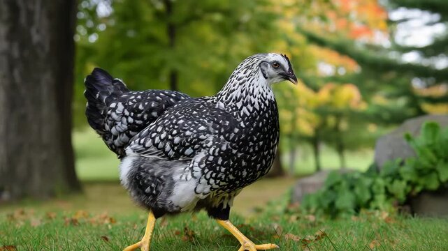 Barred Plymouth Rock Chicken Walking Gracefully Through Lush Green Grass Autumn Foliage Background Farm Animal Nature Life