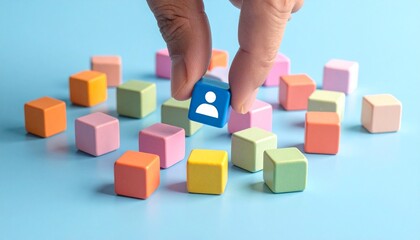 Hand picking up blue cube with person icon from scattered colorful cubes on soft blue background.