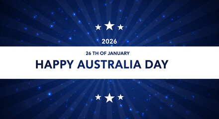 Festive australia day 2026 graphic with white ribbon and stars on a blue sparkle background perfect for celebratory banners and patriotic designs for australian national