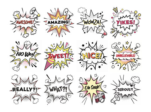 Pop Art Comic Speech Bubbles Collection with Retro Expressions. Colorful Cartoon Emotions, Funny Exclamations and Comic Sound Effects