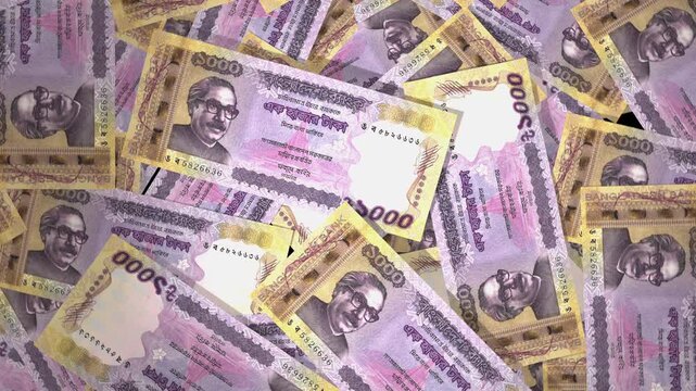 Top View 3D Animation of Scattered Bangladeshi Taka Banknotes on Floor, Rotating and Zooming Camera, Realistic Paper Money Cash Motion, Financial Economy Concept, 4K UHD Stock Video