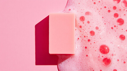 pink soap bar rests on a vibrant pink background surrounded by rich pink foam and delicate bubbles illustrating concepts of hygiene, skincare and freshness for body care routines