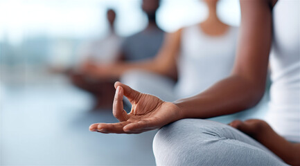 group of diverse individuals sitting in a quiet tranquil yoga studio focusing on mental and physical wellness during a meditation session performing a mudra hand gesture