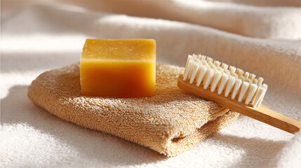 natural soap bar and wooden body brush resting on a soft towel representing concepts of organic beauty self-care wellness and a relaxing morning routine  with warm sunlight