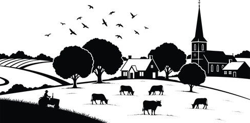 Rural village landscape silhouette featuring a church steeple, farmhouse, tractor, grazing cows, flying birds, and oak trees for country scenery. © MstHafiza