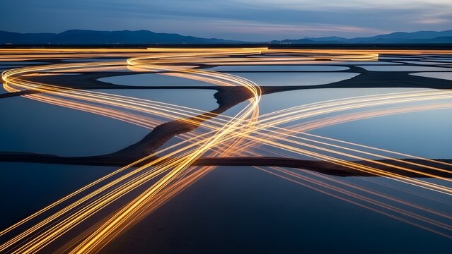 Abstract long exposure light trails on highway road - Powered by Adobe