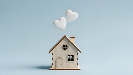 Wooden house with floating hearts
