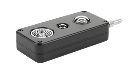 Black electronic device with silver speaker and connector isolated on transparent background