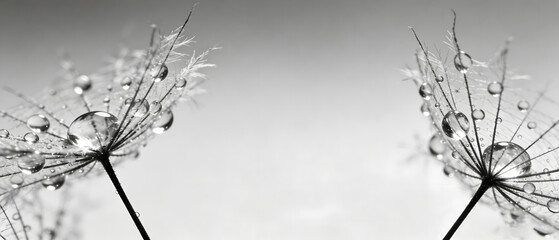 Panoramic macro shot of dandelion seeds with water droplets on a grey background