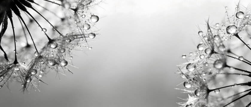 Close up of wet dandelion parachutes with dew drops in black and white style