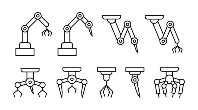 Robotic arm icon set featuring various industrial cutting manipulator designs or medical robotic knife. Automation and technology concept for manufacturing and medicine. Vector illustration