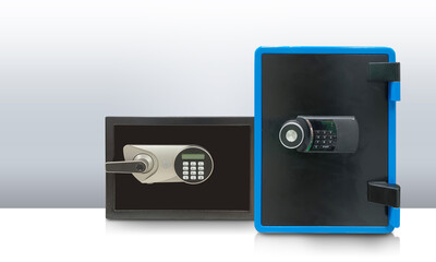 front view two steel Safes on white background,  gradient wall background, object, furniture, money, electric, copy space