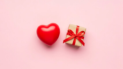 A shiny red heart and a wrapped gift box with a red ribbon on a soft pink background, ideal for Valentine's Day or love-themed concepts