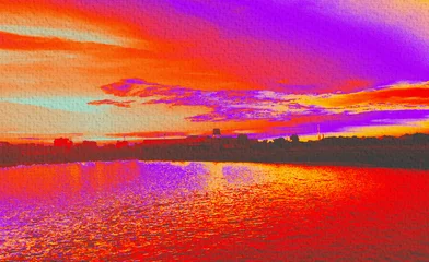 Keuken spatwand met foto Rood Vibrant purple and orange sunset landscape with artistic texture noise  © Nafe