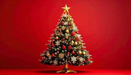 Beautifully Decorated Christmas Tree with Star Topper on Red Background.
