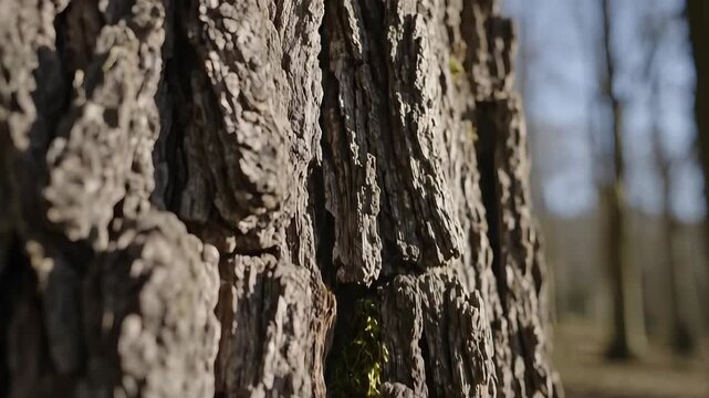 Closeup of rugged tree bark texture in a sunlit forest showcasing natural patterns and rough surface details.