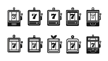 Black and white slot machine icons with lucky number seven, a collection of casino game symbols.