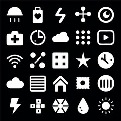 Minimal white UI icon set on a dark background, featuring weather, navigation, settings, home, and interface symbols