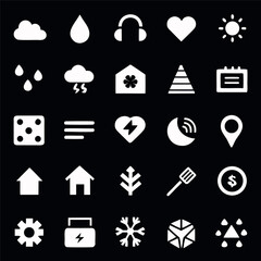 Minimal white UI icon set on a dark background, featuring weather, navigation, settings, home, and interface symbols
